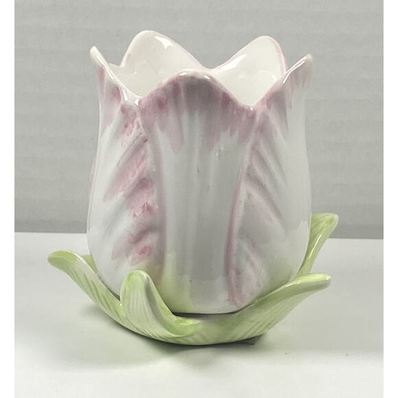 Fitz And Floyd Vintage Pastel Pink & Green Tulip Taper Candle Holder READ - Picture 1 of 11